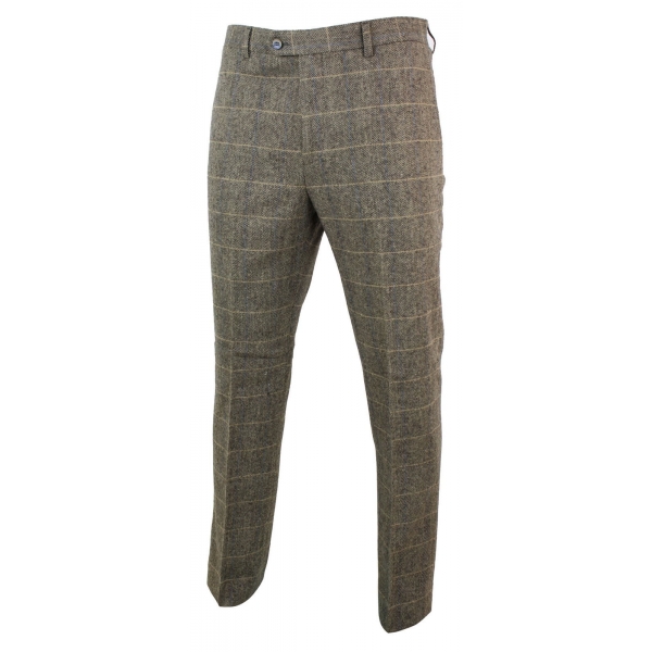 Mens Herringbone Tweed Check Trousers - Cavani Albert - Tan