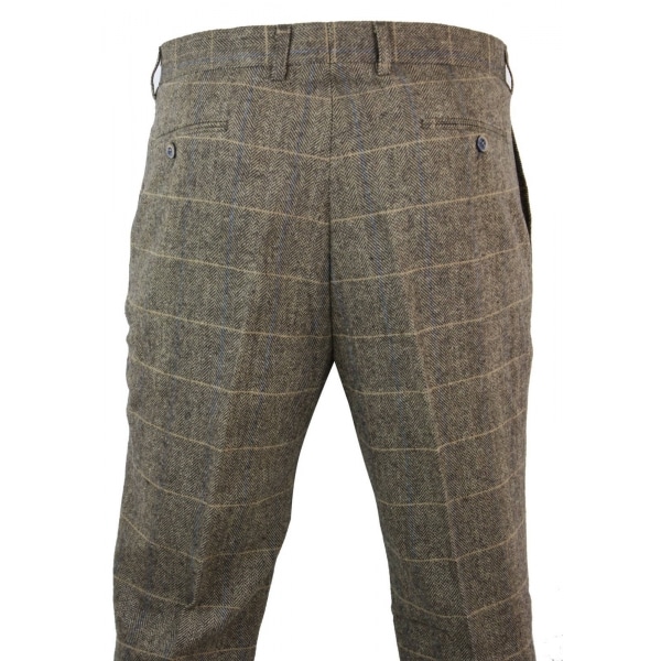 Mens Herringbone Tweed Check Trousers - Cavani Albert - Tan