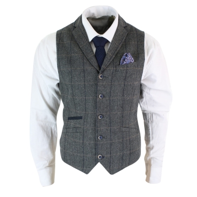 Cavani Albert - Mens Classic Tweed Herringbone Check Brown Grey Slim Fit Vintage Waistcoat Gilet-Charcoal