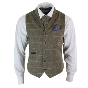 Cavani Albert – Mens Classic Tweed Herringbone Check Brown Grey Slim Fit Vintage Waistcoat Gilet-Tan