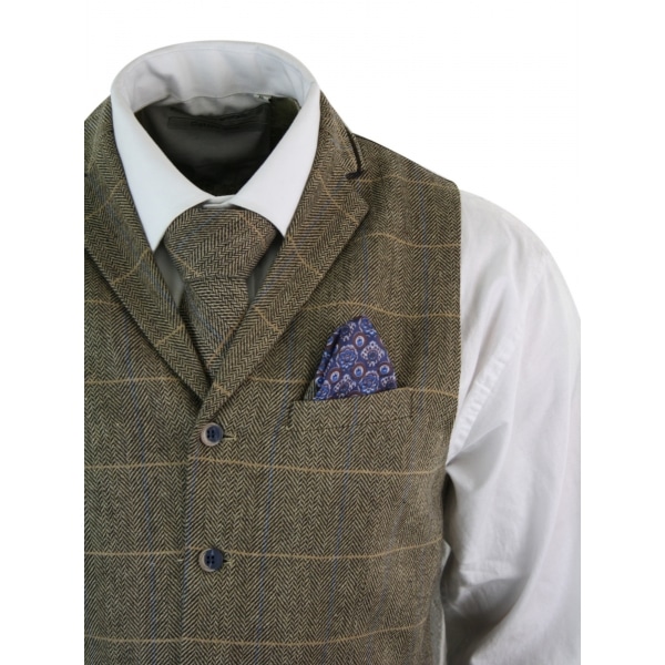 Cavani Albert - Mens Classic Tweed Herringbone Check Brown Grey Slim Fit Vintage Waistcoat Gilet-Tan