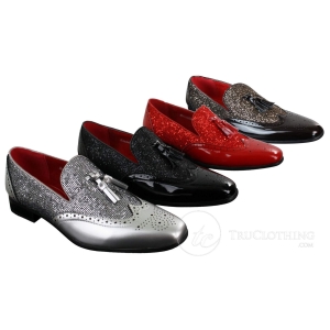 Mens Smart Party Shiny Tassle Shoes Red Silver Black Slip On Patent Leather