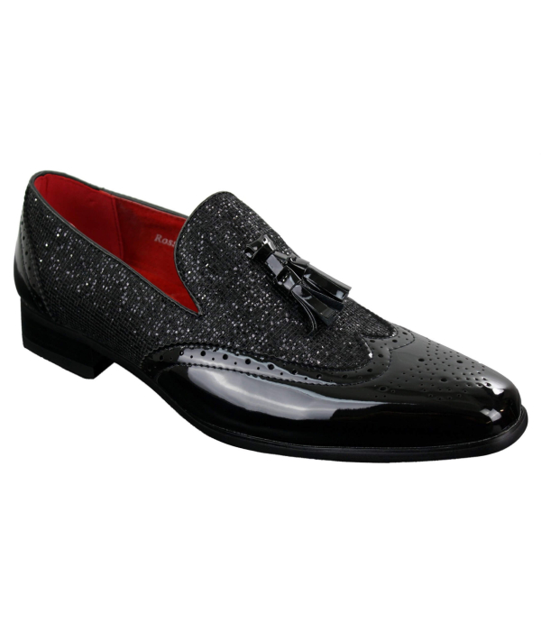 Mens Smart Party Shiny Tassle Shoes Red Silver Black Slip On Patent Leather