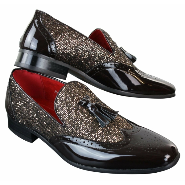 Mens Smart Party Shiny Tassle Shoes Red Silver Black Slip On Patent Leather