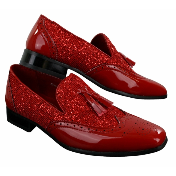 Mens Smart Party Shiny Tassle Shoes Red Silver Black Slip On Patent Leather