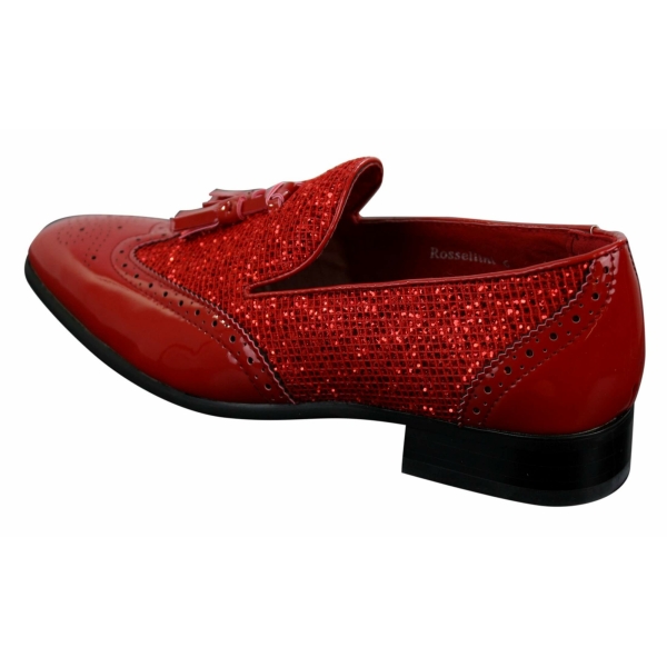 Mens Smart Party Shiny Tassle Shoes Red Silver Black Slip On Patent Leather