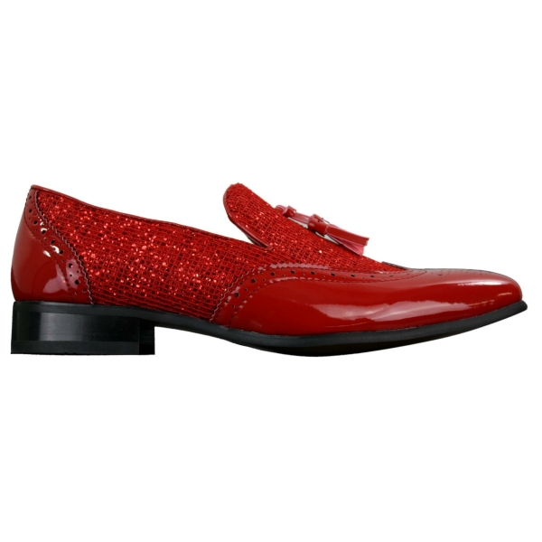 Mens Smart Party Shiny Tassle Shoes Red Silver Black Slip On Patent Leather