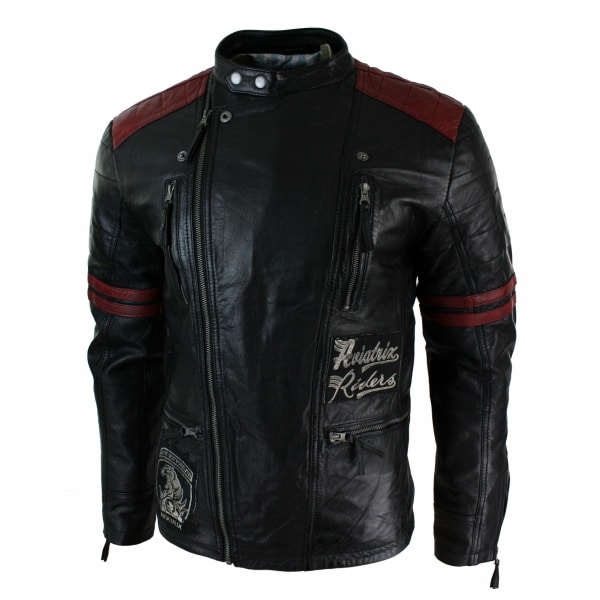 Real Leather Black Retro Cross Zip Mens Biker Racer Casual Fitted Badge Jacket