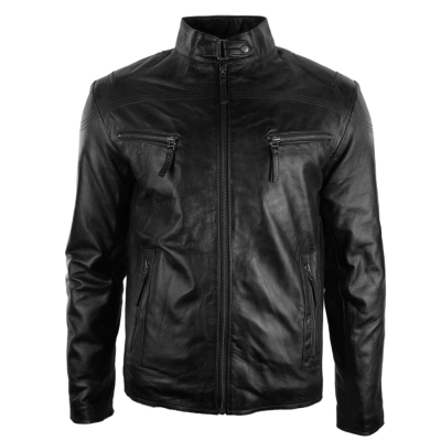 Mens Real Leather Jacket Biker Style Vintage Black Zipped Pockets Casual Fitted-Black