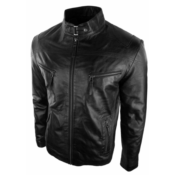 Mens Real Leather Jacket Biker Style Vintage Black Zipped Pockets Casual Fitted-Black