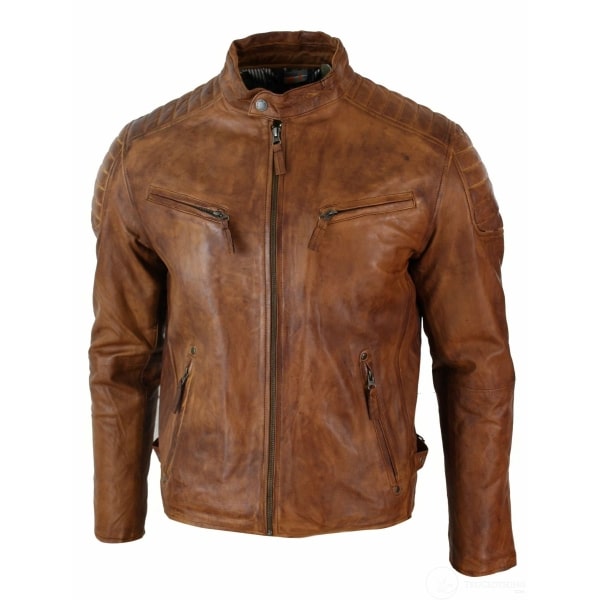 Real Washed Leather Slim Fit Retro Style Zipped Mens Biker Jacket Tan Brown Blue Urban-Nevada Timber