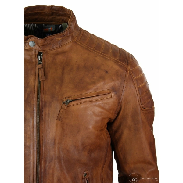 Real Washed Leather Slim Fit Retro Style Zipped Mens Biker Jacket Tan Brown Blue Urban-Nevada Timber