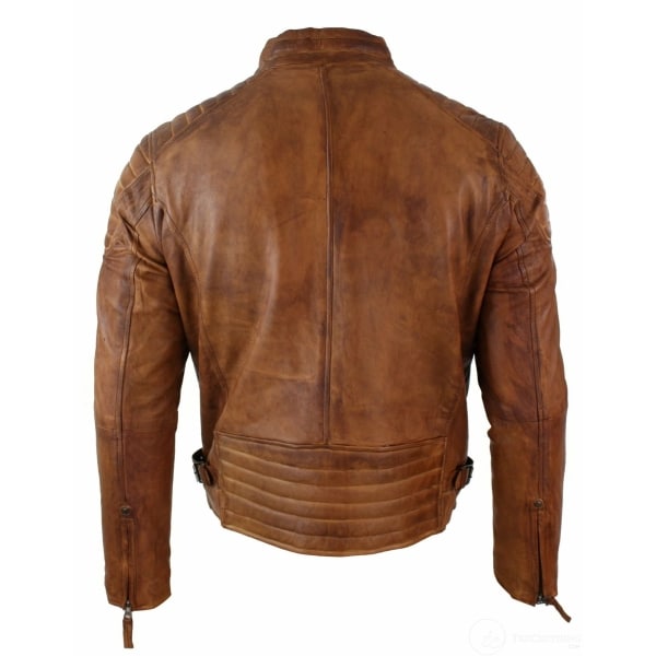 Real Washed Leather Slim Fit Retro Style Zipped Mens Biker Jacket Tan Brown Blue Urban-Nevada Timber