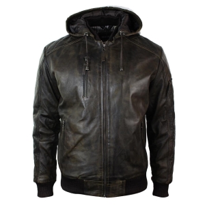 Mens Brown Washed Distressed Removable Hood Bomber Leather Jacket Quilted