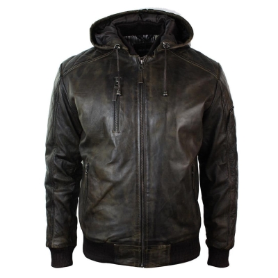 Mens Brown Washed Distressed Removable Hood Bomber Leather Jacket Quilted