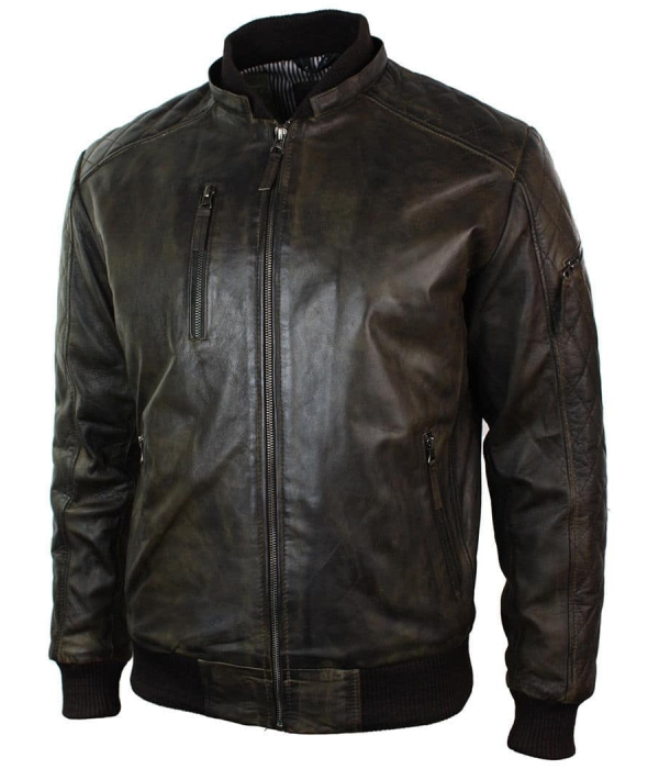 Mens Brown Washed Distressed Removable Hood Bomber Leather Jacket Quilted