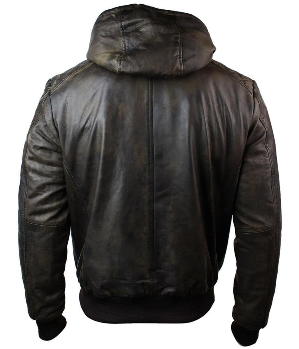 Mens Brown Washed Distressed Removable Hood Bomber Leather Jacket Quilted