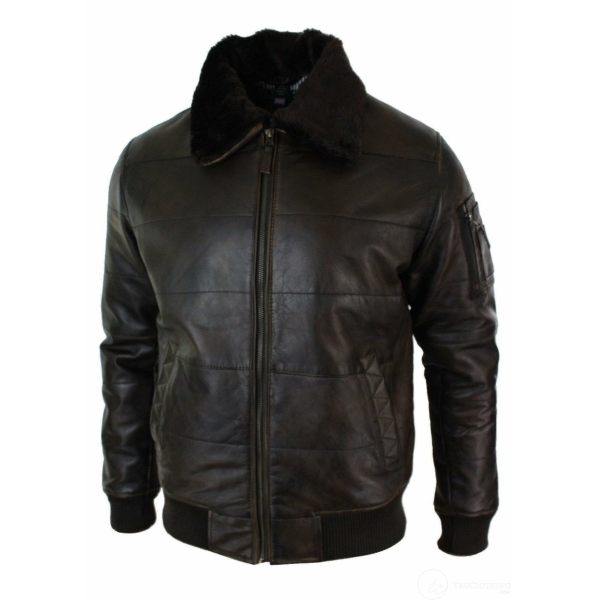 Mens Puffer Quilted Real Leather Pilot Fur Collar Bomber Jacket Black Vintage Brown-Brown