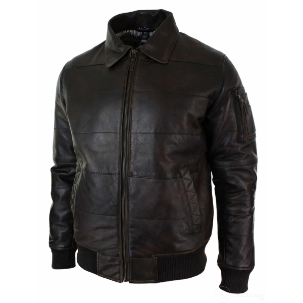 Mens Puffer Quilted Real Leather Pilot Fur Collar Bomber Jacket Black Vintage Brown-Brown