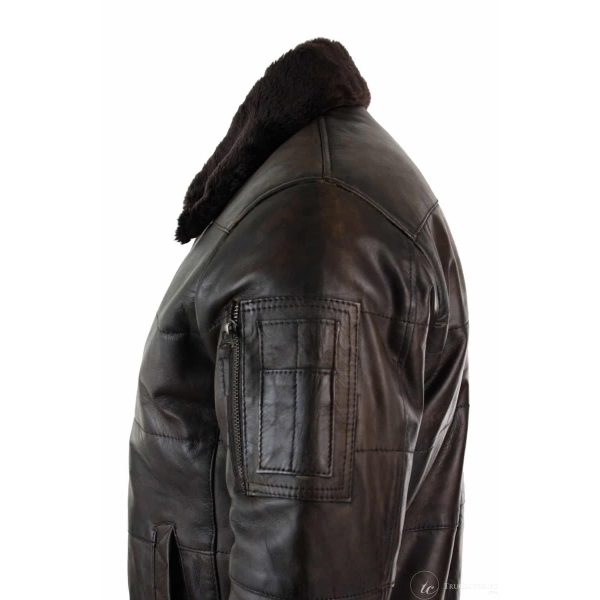 Mens Puffer Quilted Real Leather Pilot Fur Collar Bomber Jacket Black Vintage Brown-Brown