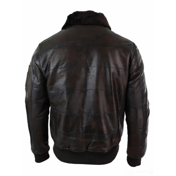 Mens Puffer Quilted Real Leather Pilot Fur Collar Bomber Jacket Black Vintage Brown-Brown