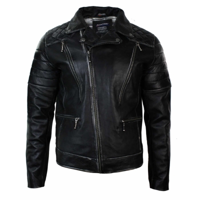 Real Leather Punk Rock Cross Zip Mens Biker Jacket Vintage Retro Effect