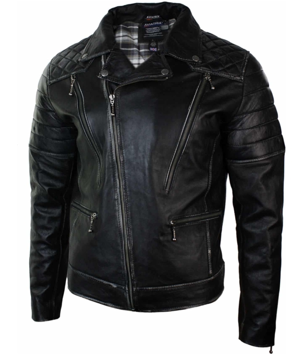 Real Leather Punk Rock Cross Zip Mens Biker Jacket Vintage Retro Effect