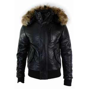 Mens Real Fur Hood Bomber Leather Jacket Black Puffer Padded-Black