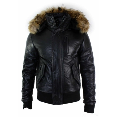 Mens Real Fur Hood Bomber Leather Jacket Black Puffer Padded-Black