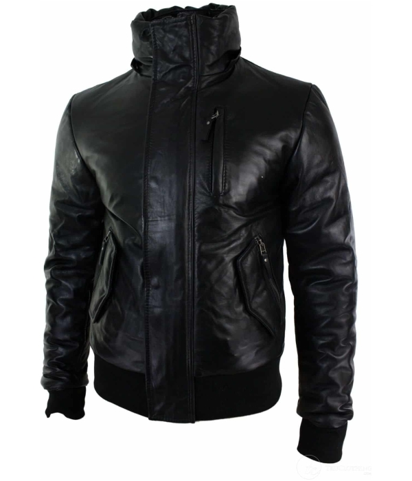 Mens Real Fur Hood Bomber Leather Jacket Black Puffer Padded-Black