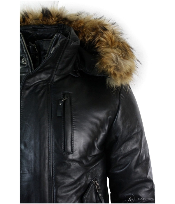 Mens Real Fur Hood Bomber Leather Jacket Black Puffer Padded-Black