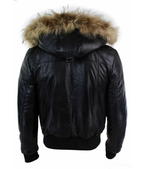 Mens Real Fur Hood Bomber Leather Jacket Black Puffer Padded-Black