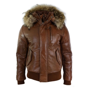 Mens Real Fur Hood Bomber Leather Jacket Black Puffer Padded-Tan