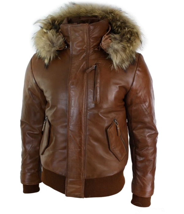 Mens Real Fur Hood Bomber Leather Jacket Black Puffer Padded-Tan