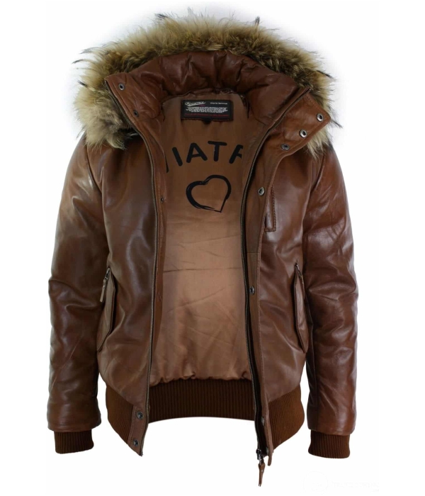 Mens Real Fur Hood Bomber Leather Jacket Black Puffer Padded-Tan