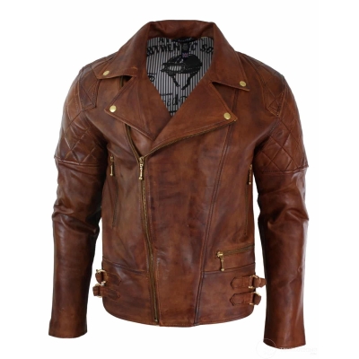 Real Leather Slim Fit Cross Zip Retro Vintage Brown Biker Punk Rock Mens Jacket-Nevada Timber