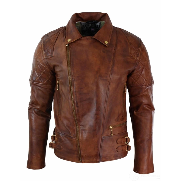 Real Leather Slim Fit Cross Zip Retro Vintage Brown Biker Punk Rock Mens Jacket-Nevada Timber