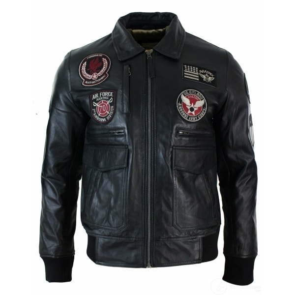 Mens Real Leather Black Bomber Badge Air Force Pilot Flying Jacket-Black