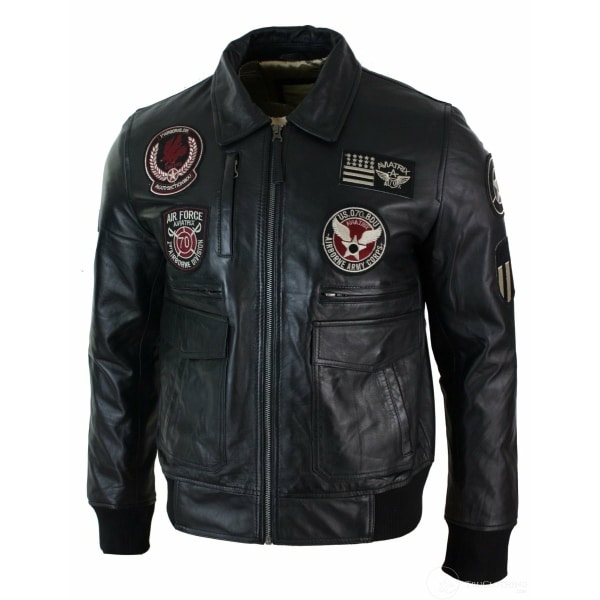 Mens Real Leather Black Bomber Badge Air Force Pilot Flying Jacket-Black