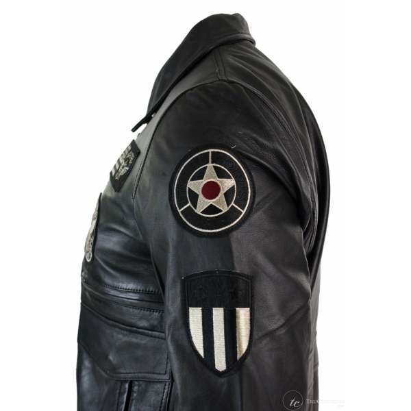 Mens Real Leather Black Bomber Badge Air Force Pilot Flying Jacket-Black