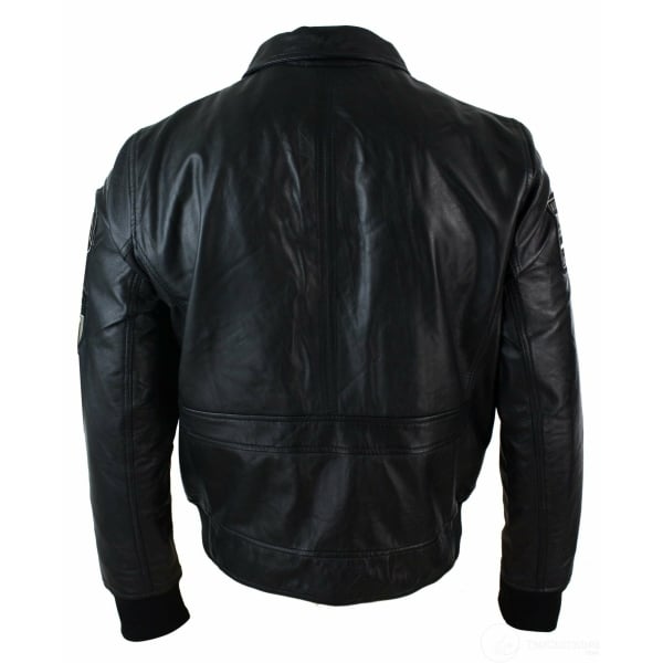 Mens Real Leather Black Bomber Badge Air Force Pilot Flying Jacket-Black