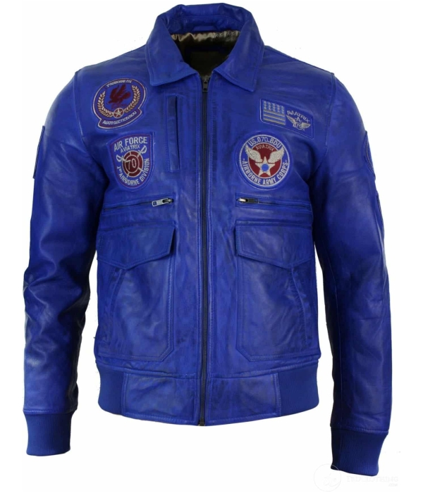 Mens Real Leather Black Bomber Badge Air Force Pilot Flying Jacket-Blue