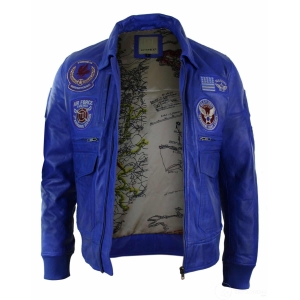 Mens Real Leather Black Bomber Badge Air Force Pilot Flying Jacket-Blue