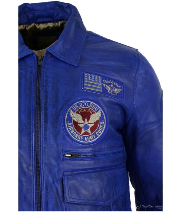 Mens Real Leather Black Bomber Badge Air Force Pilot Flying Jacket-Blue