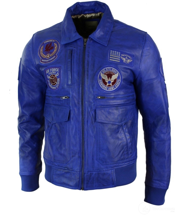 Mens Real Leather Black Bomber Badge Air Force Pilot Flying Jacket-Blue