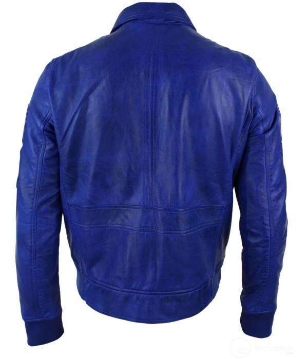 Mens Real Leather Black Bomber Badge Air Force Pilot Flying Jacket-Blue