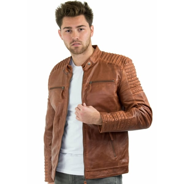 Real Leather Slim Fit Tan Brown Washed Vintage Mens Jacket Zipped Casual