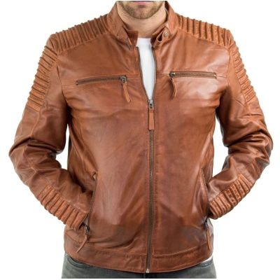 Real Leather Slim Fit Tan Brown Washed Vintage Mens Jacket Zipped Casual