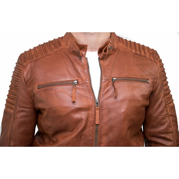 Real Leather Slim Fit Tan Brown Washed Vintage Mens Jacket Zipped Casual