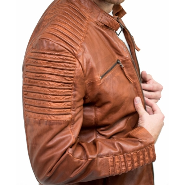 Real Leather Slim Fit Tan Brown Washed Vintage Mens Jacket Zipped Casual